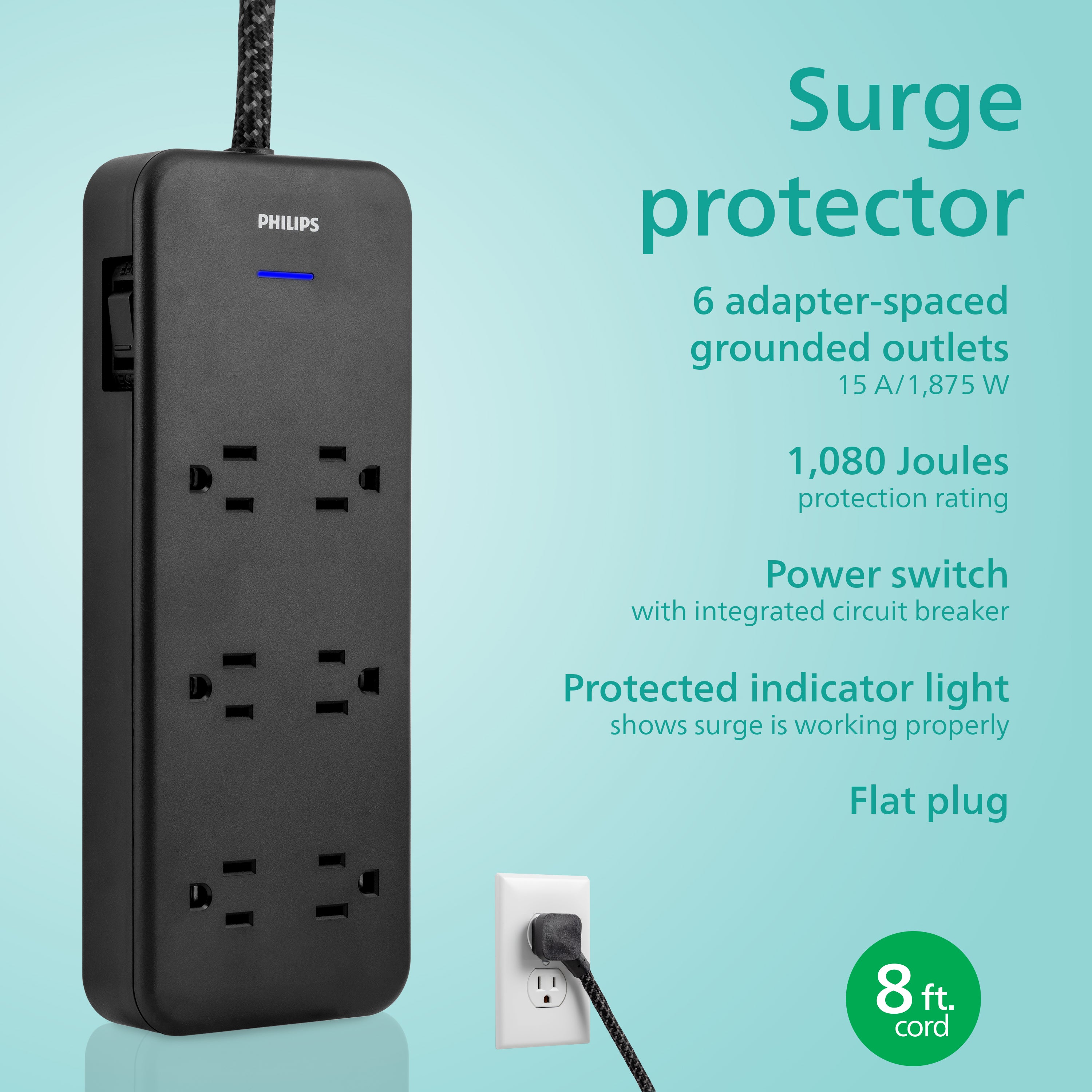 Philips 6-Outlet Surge Protector, 8 Ft, Black