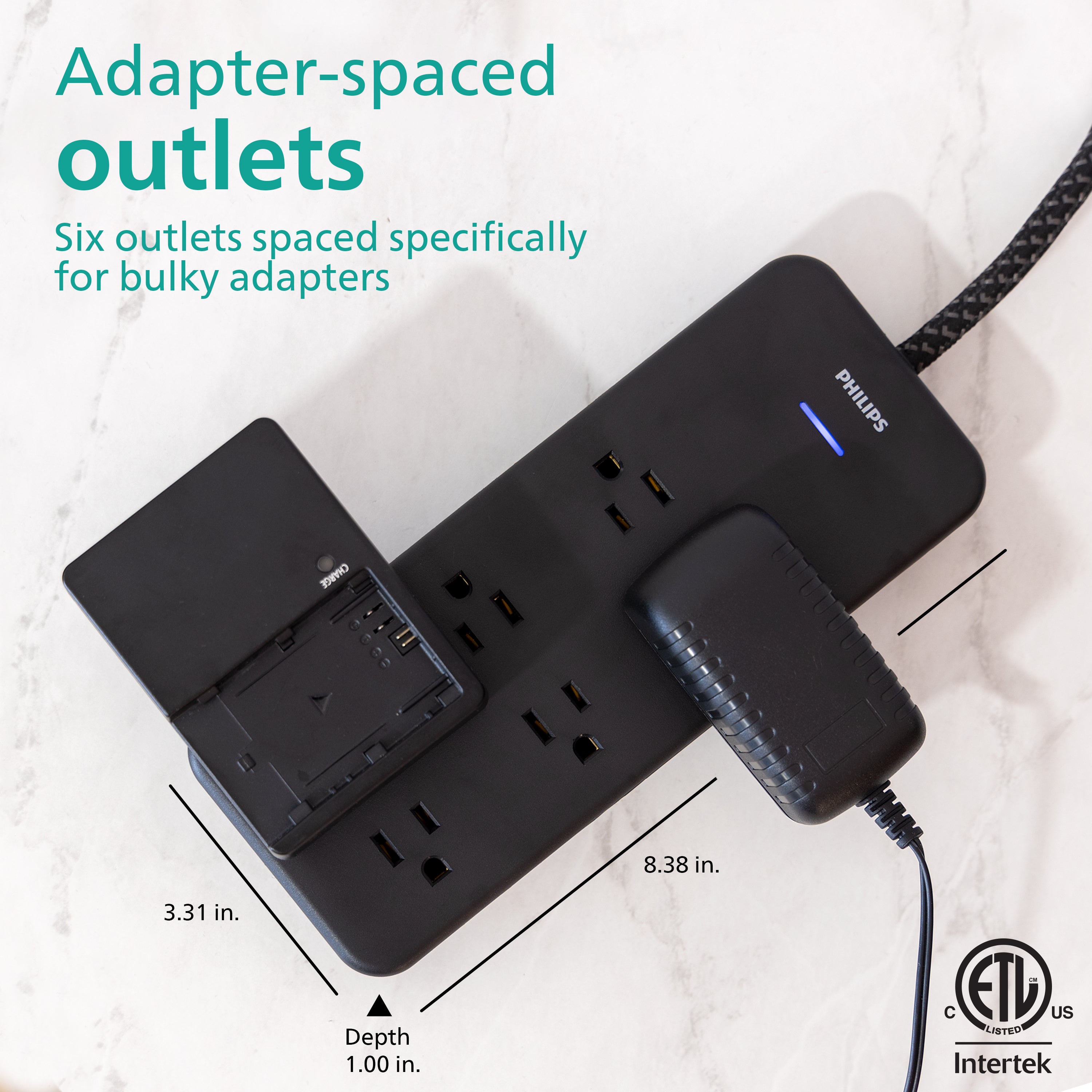 Philips 6-Outlet Surge Protector, 8 Ft, Black