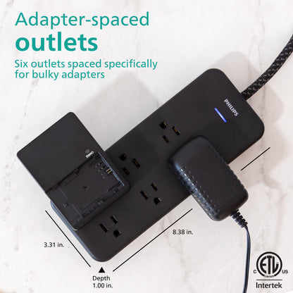 Philips 6-Outlet Surge Protector, 8 Ft, Black