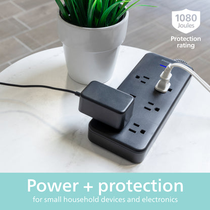 Philips 6-Outlet Surge Protector, 8 Ft, Black