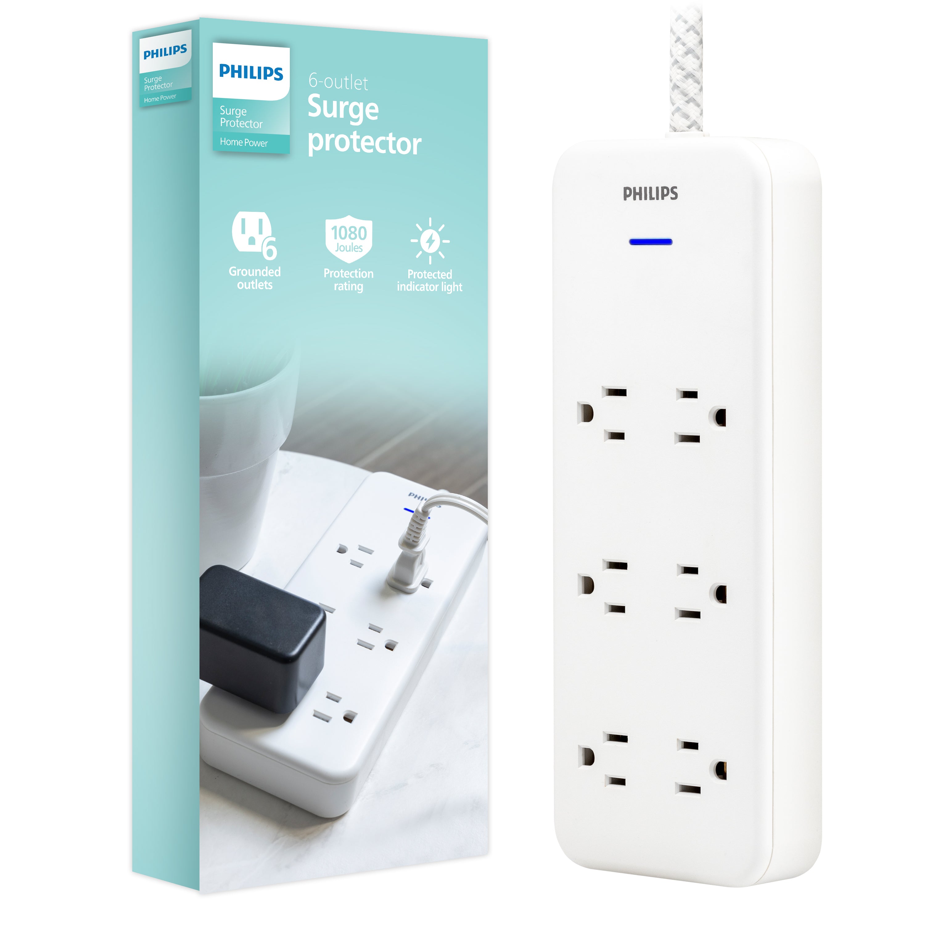 Philips 6-Outlet Surge Protector, 8 Ft, White