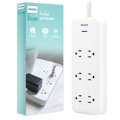 Philips 6-Outlet Surge Protector, 1080J, Adapter-Spaced, 8ft Braided Cord, White