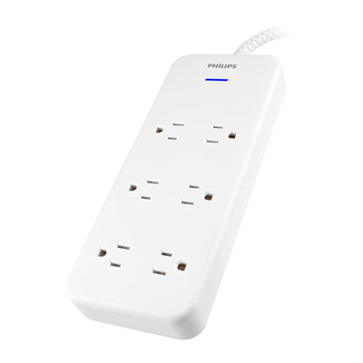 Philips 6-Outlet Surge Protector, 1080J, Adapter-Spaced, 8ft Braided Cord, White