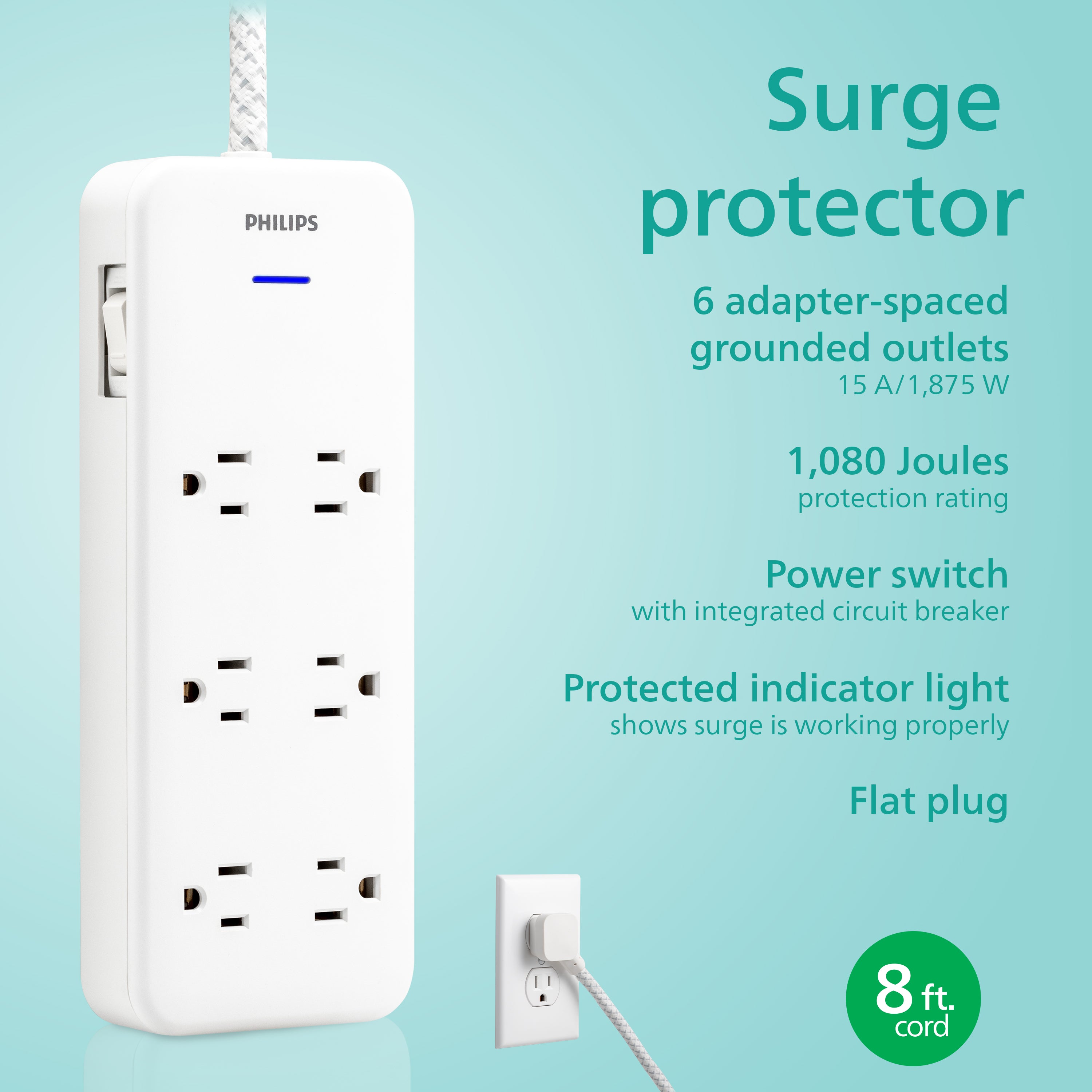 Philips 6-Outlet Surge Protector, 8 Ft, White