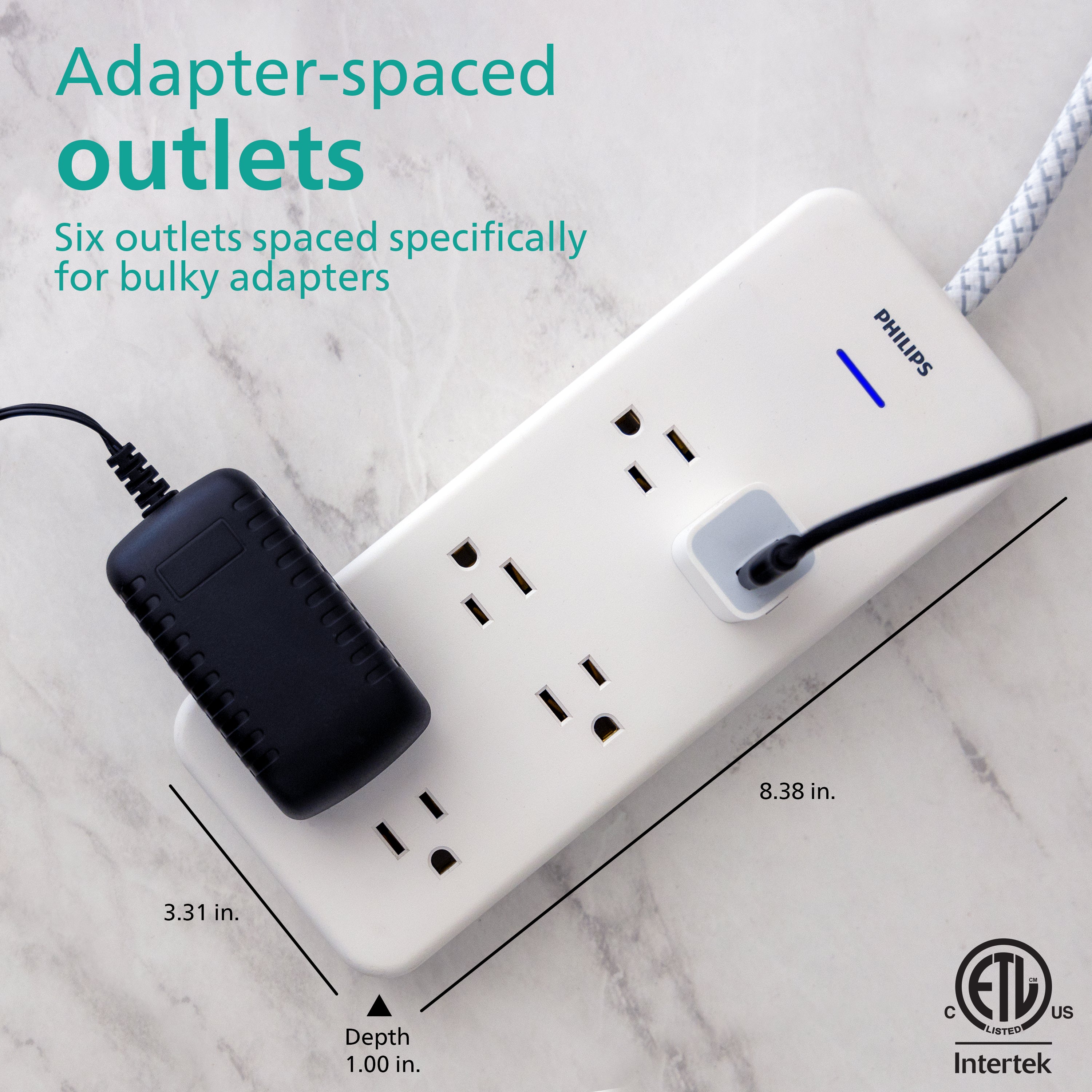 Philips 6-Outlet Surge Protector, 8 Ft, White