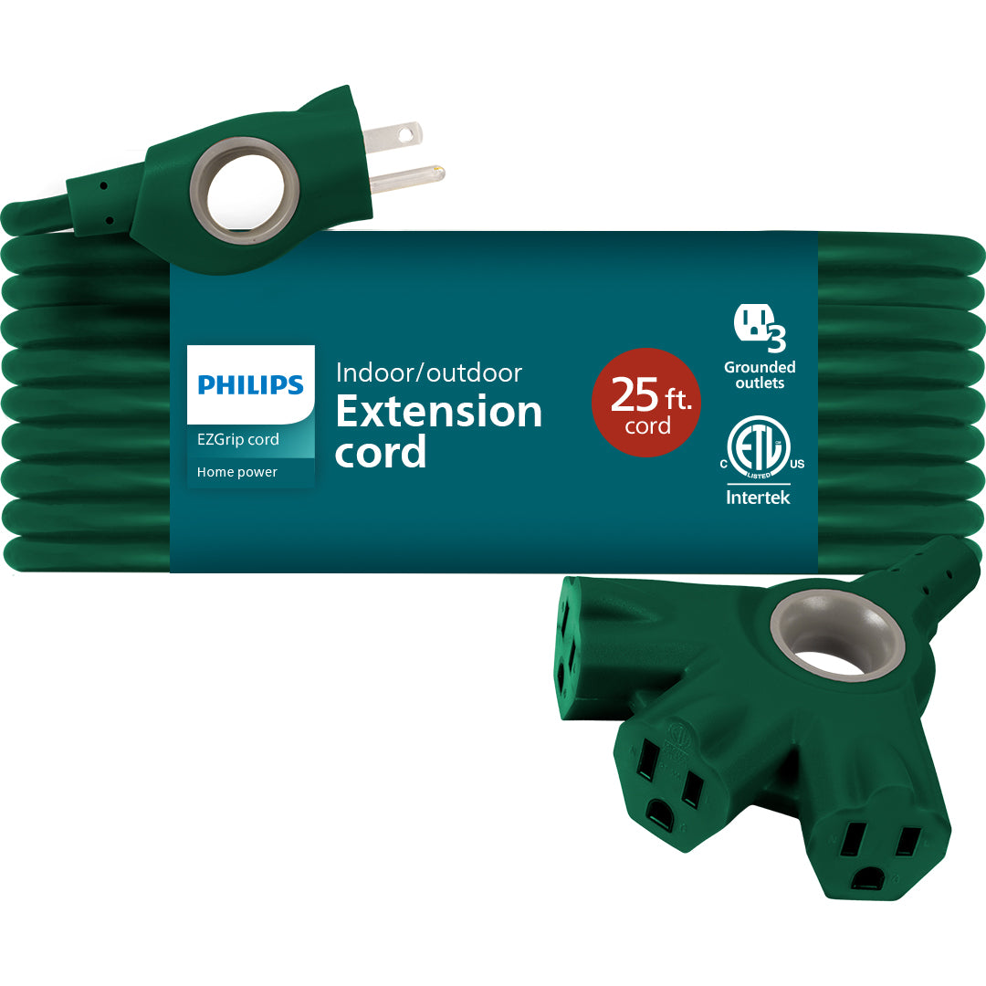 Philips 3-Outlet EZGrip Grounded Extension Cord, 25 ft., Indoor/Outdoor, Green
