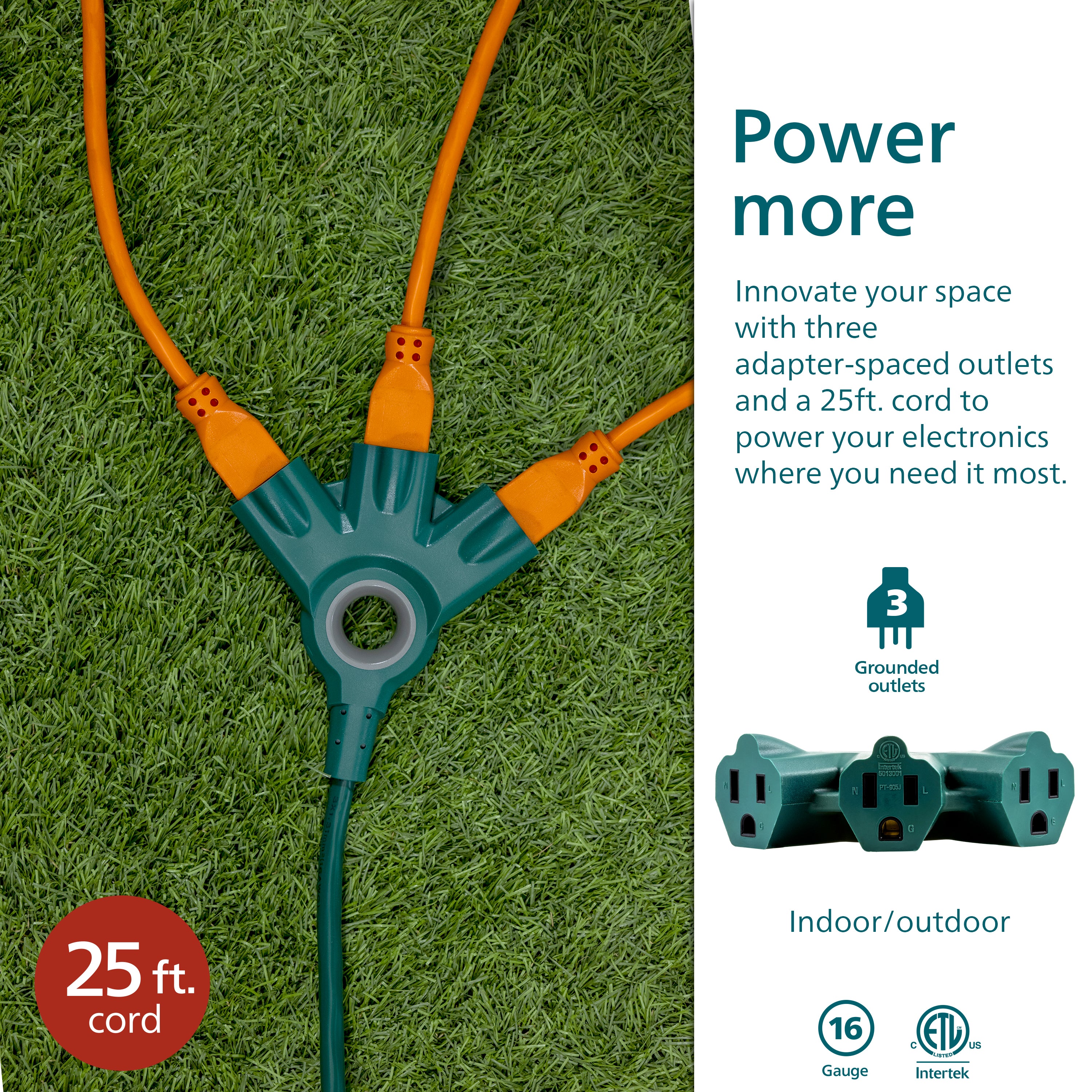 Philips 3-Outlet EZGrip Grounded Extension Cord, 25 ft., Indoor/Outdoor, Green