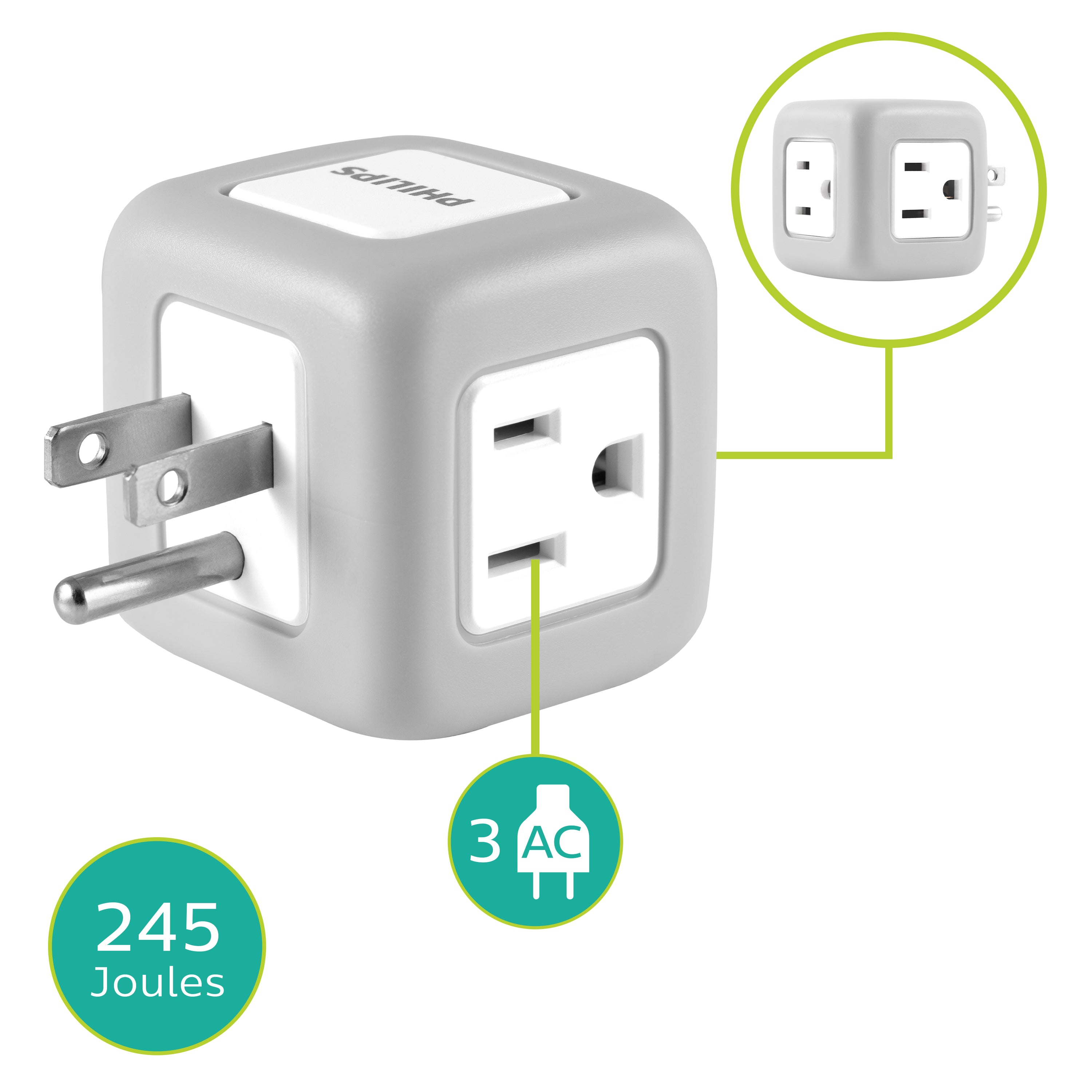 Philips 3-Outlet Rubberized Cube Tap, 245J, Gray