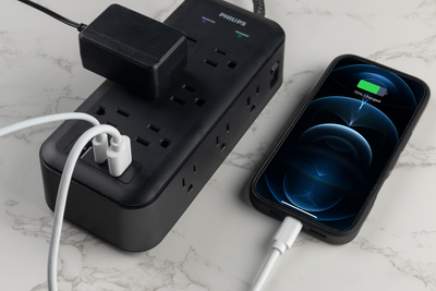 Philips 12-Outlet 8ft. Surge Protector with USB Charging, Black