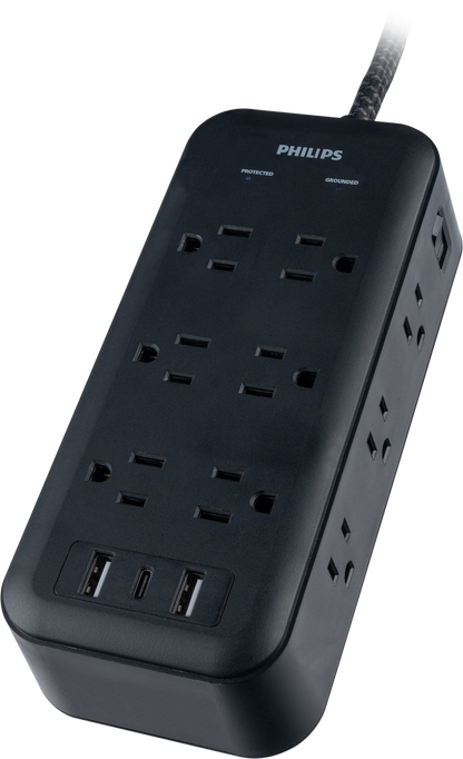 Philips 12-Outlet 8ft. Surge Protector with USB Charging, Black