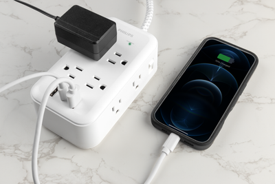 Philips 8-Outlet 6ft. Surge Protector with USB Charging, White