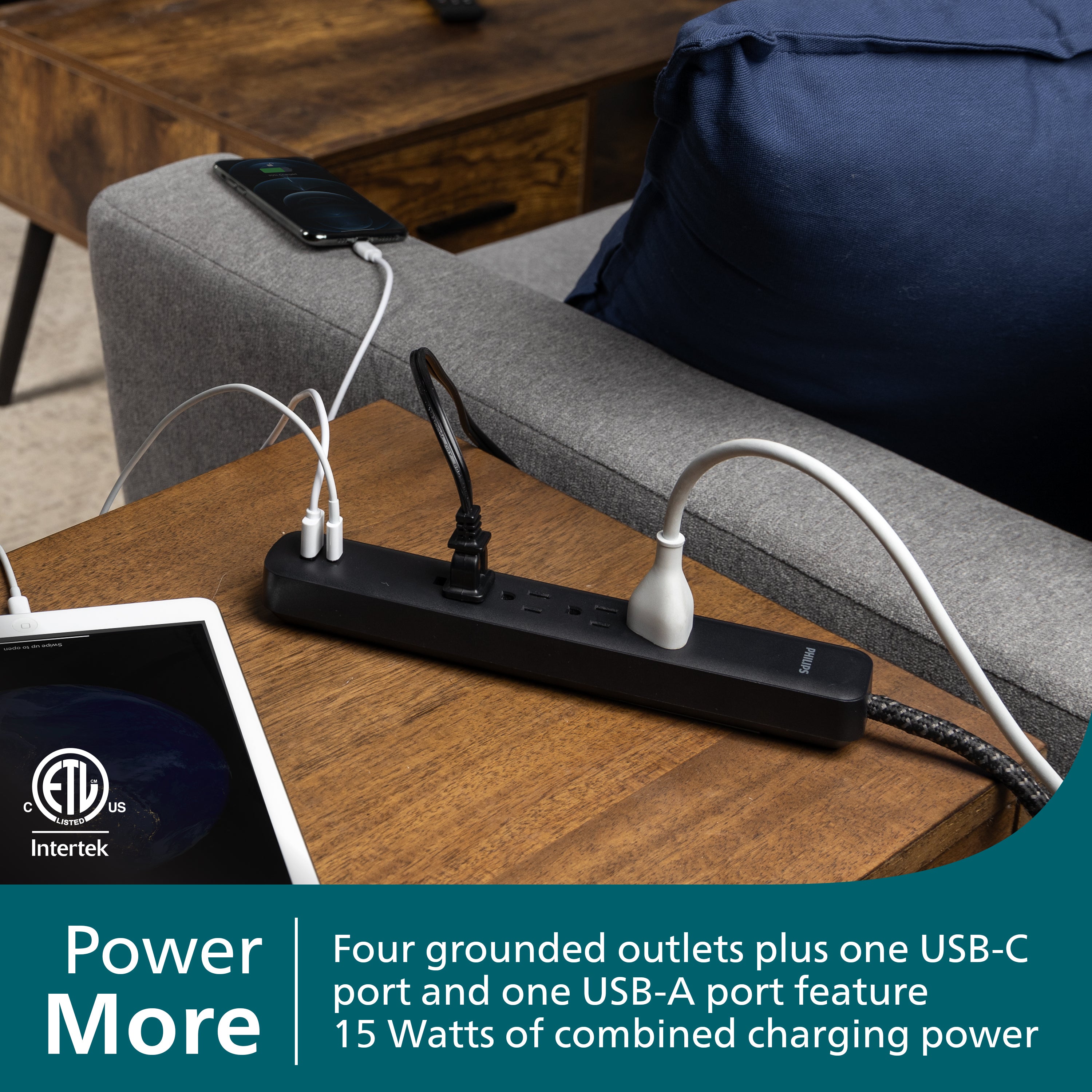 Philips 4-Outlet, 1-USB-C, 1-USB-A Surge Protector, 15W, 450J, 4ft Braided Cord, black