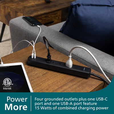 Philips 4-Outlet, 1-USB-C, 1-USB-A Surge Protector, 15W, 450J, 4ft Braided Cord, black