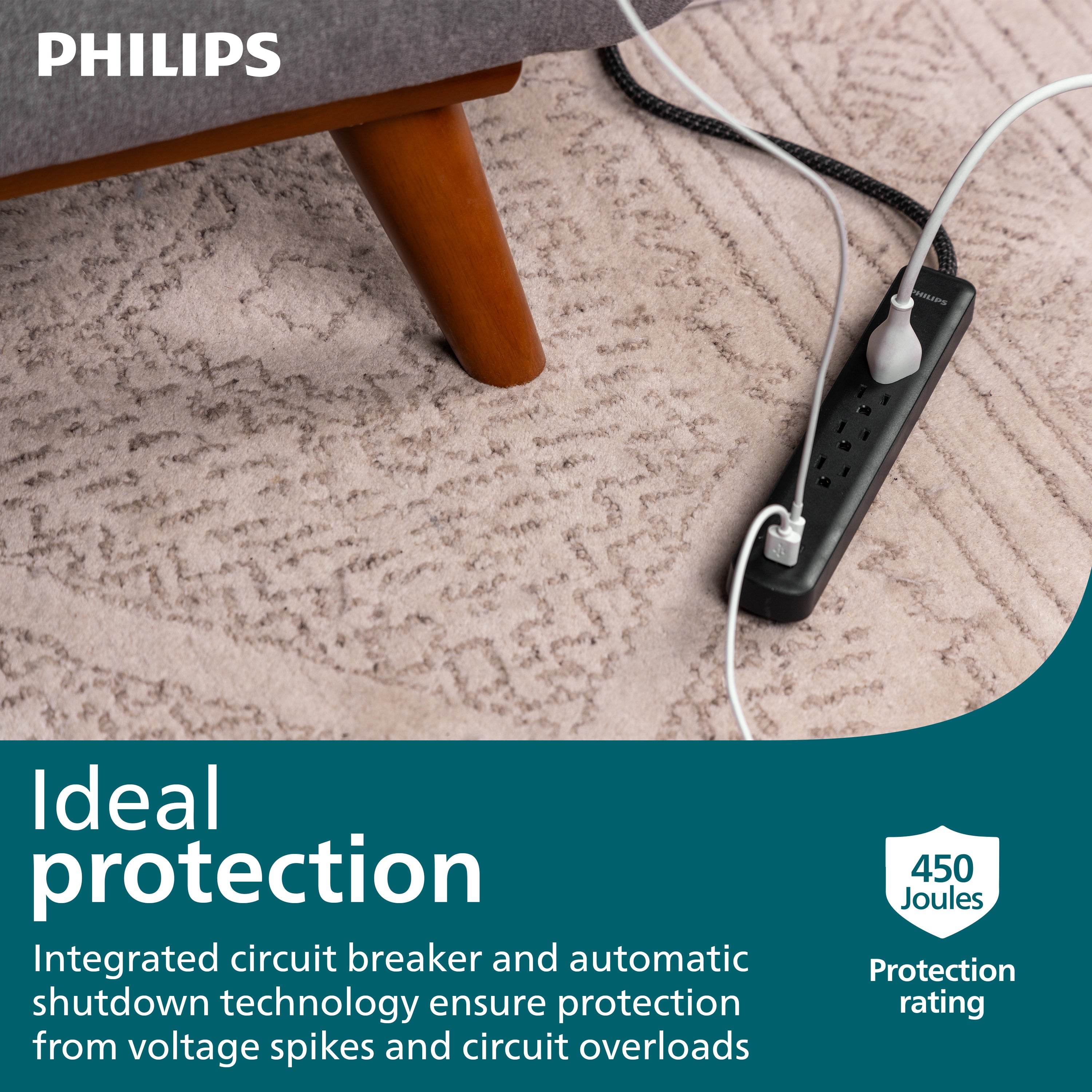 Philips 4-Outlet, 1-USB-C, 1-USB-A Surge Protector, 15W, 450J, 4ft Braided Cord, black