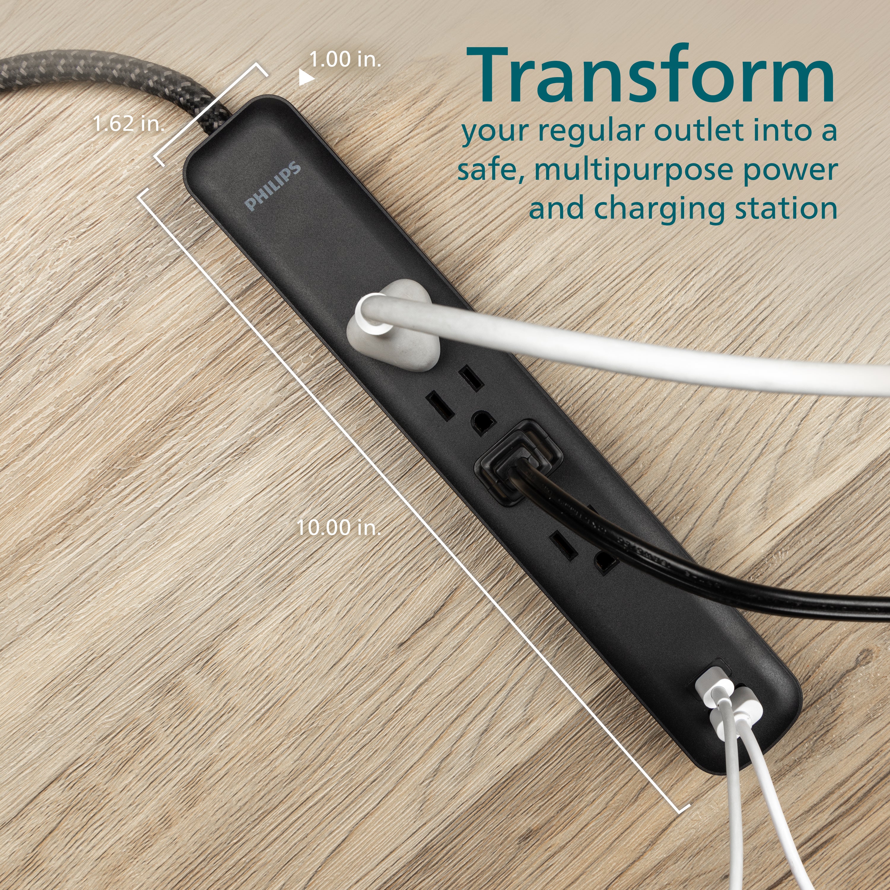 Philips 4-Outlet, 1-USB-C, 1-USB-A Surge Protector, 15W, 450J, 4ft Braided Cord, black