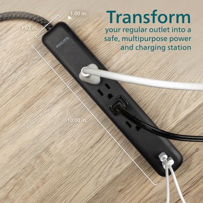 Philips 4-Outlet, 1-USB-C, 1-USB-A Surge Protector, 15W, 450J, 4ft Braided Cord, black