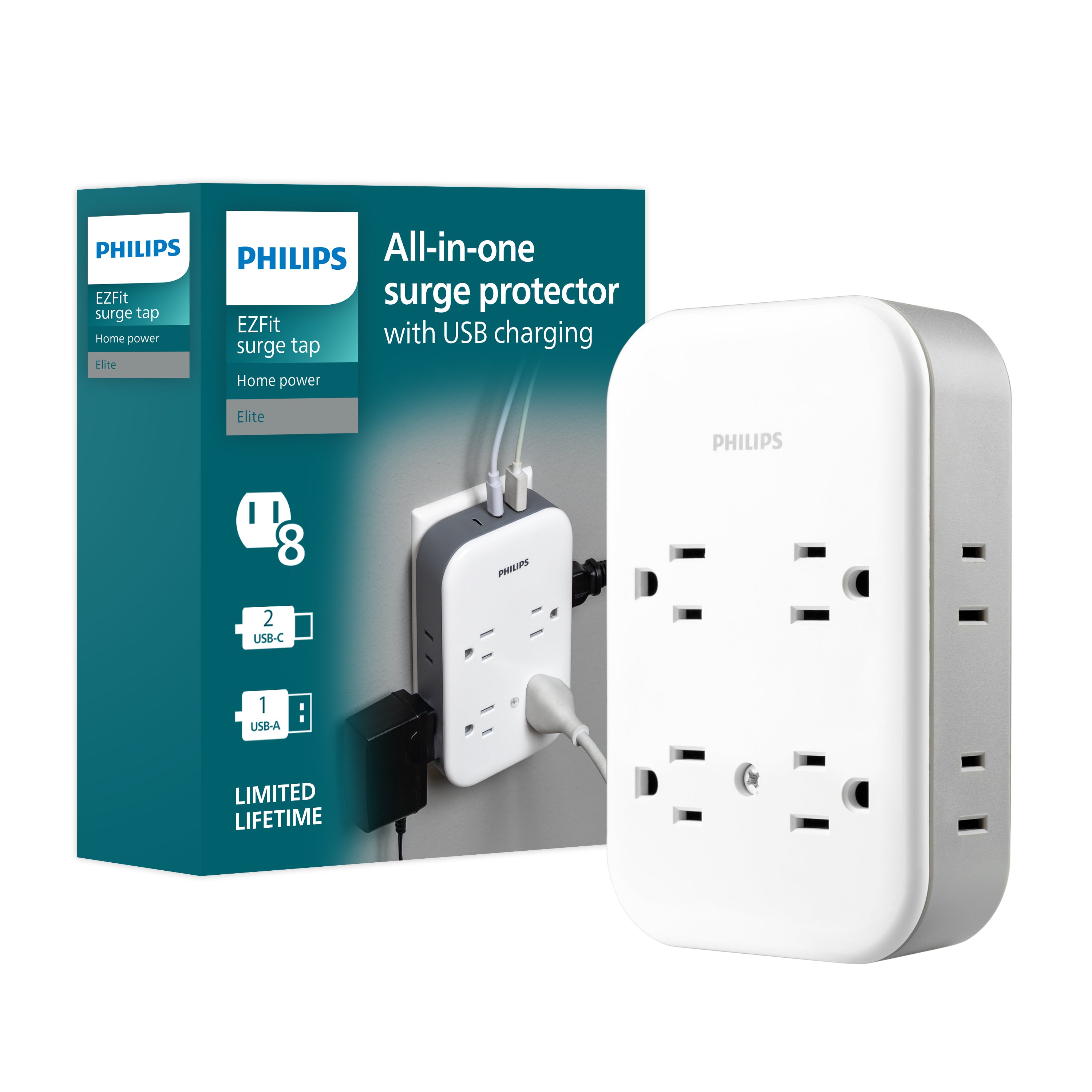 Philips All-in-One Surge Tap with USB, 4 Grounded & 4 Polarized Outlets, 2 USB-C & 1 USB-A Ports, 15W Shared, 1140 Joules, ETL Certified, White/Gray