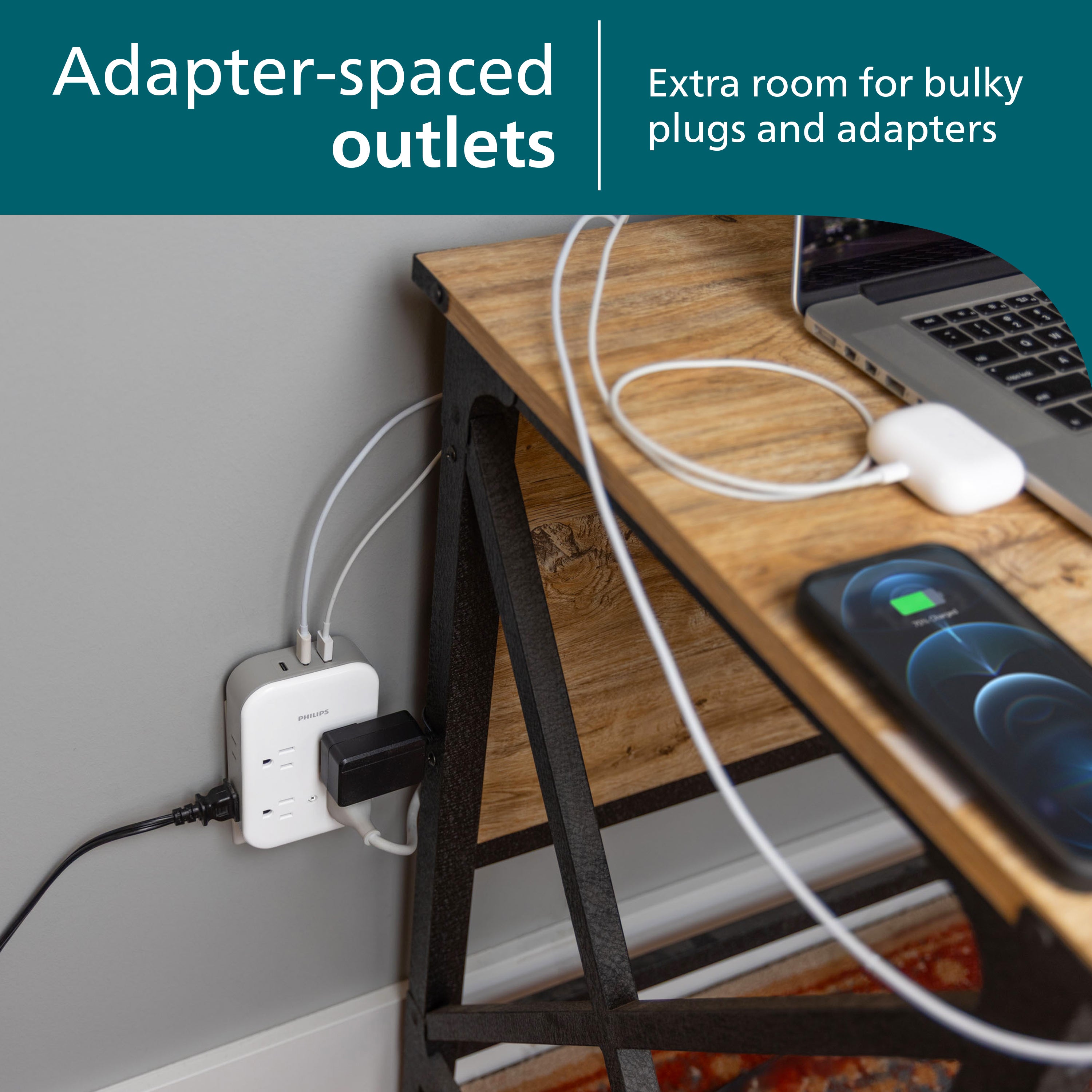 Philips All-in-One Surge Tap with USB, 4 Grounded & 4 Polarized Outlets, 2 USB-C & 1 USB-A Ports, 15W Shared, 1140 Joules, ETL Certified, White/Gray