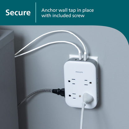 Philips All-in-One Surge Tap with USB, 4 Grounded & 4 Polarized Outlets, 2 USB-C & 1 USB-A Ports, 15W Shared, 1140 Joules, ETL Certified, White/Gray