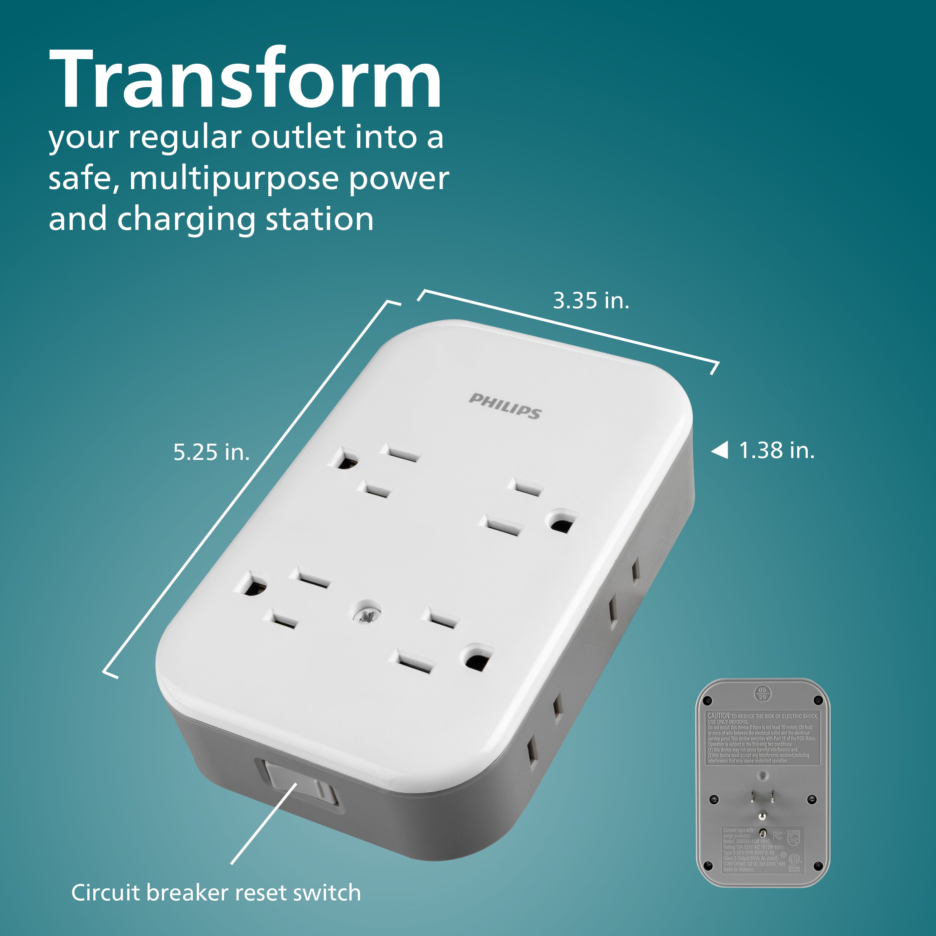 Philips All-in-One Surge Tap with USB, 4 Grounded & 4 Polarized Outlets, 2 USB-C & 1 USB-A Ports, 15W Shared, 1140 Joules, ETL Certified, White/Gray