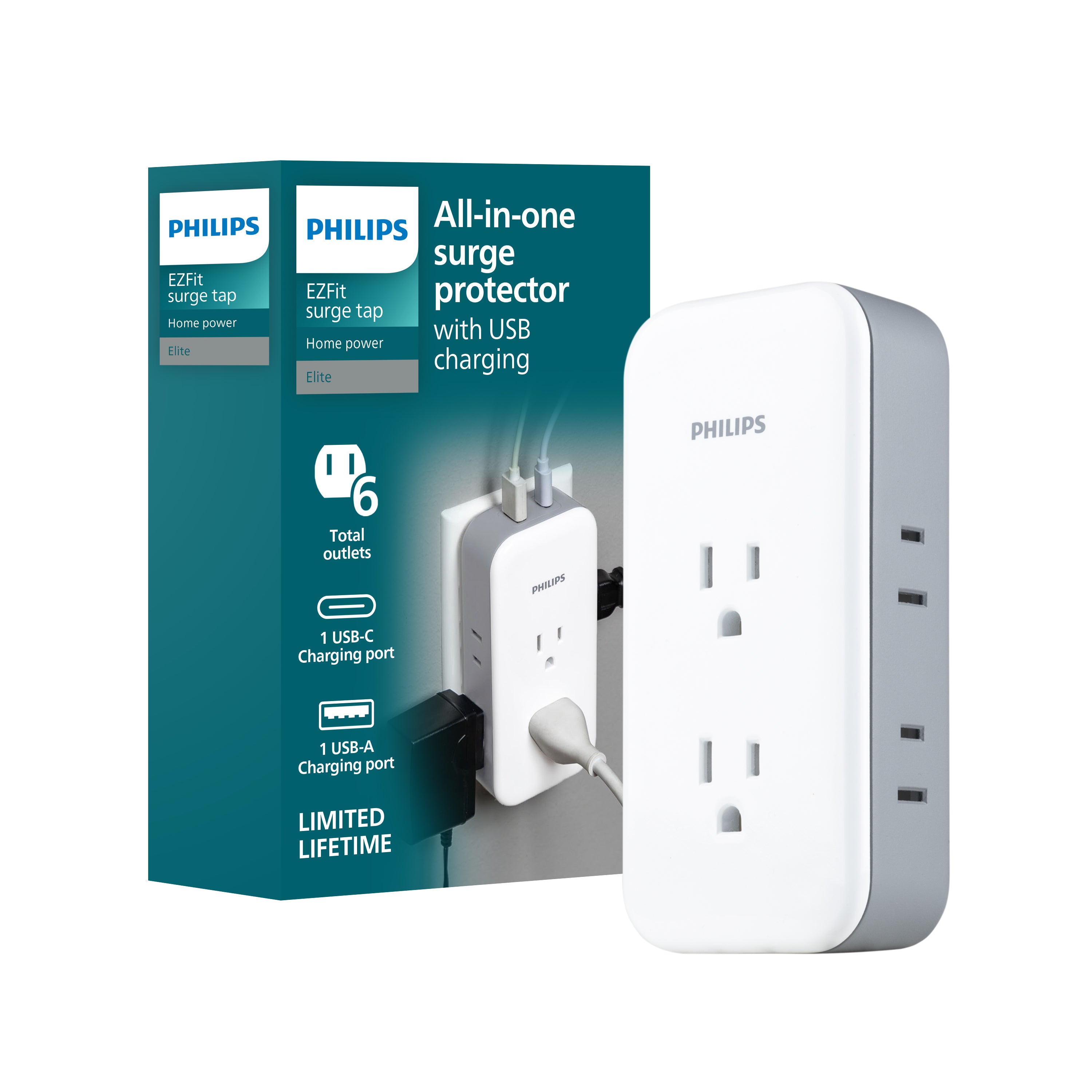 Philips All-in-One Surge Tap with USB, 2 Grounded & 4 Polarized Outlets, 1 USB-C & 1 USB-A Port, 490 Joules, White/Gray