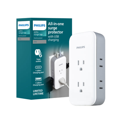 Philips All-in-One Surge Tap with USB, 2 Grounded & 4 Polarized Outlets, 1 USB-C & 1 USB-A Port, 490 Joules, White/Gray
