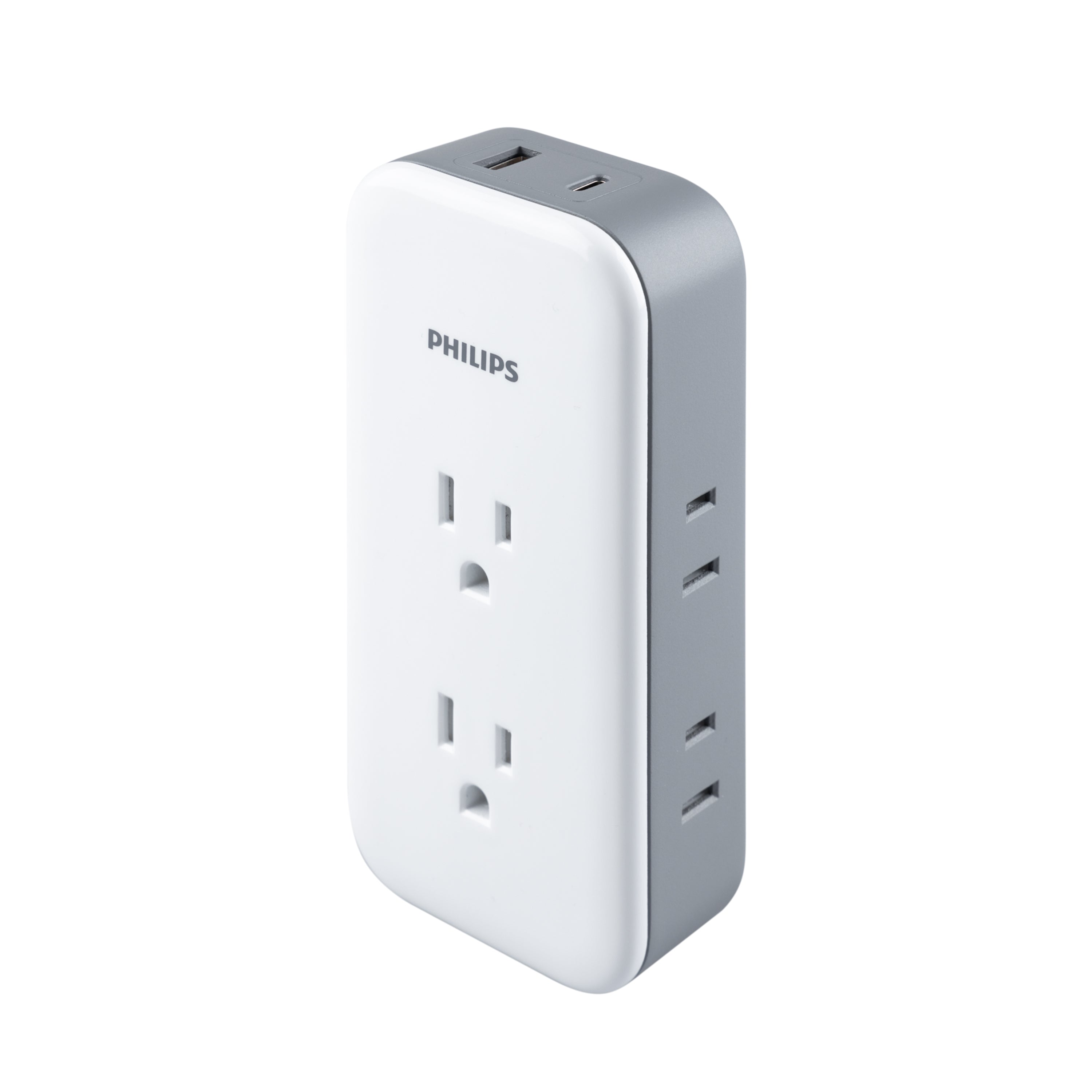 Philips All-in-One Surge Tap with USB, 2 Grounded & 4 Polarized Outlets, 1 USB-C & 1 USB-A Port, 490 Joules, White/Gray