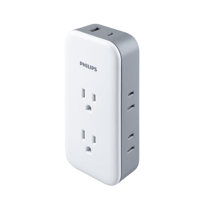 Philips All-in-One Surge Tap with USB, 2 Grounded & 4 Polarized Outlets, 1 USB-C & 1 USB-A Port, 490 Joules, White/Gray