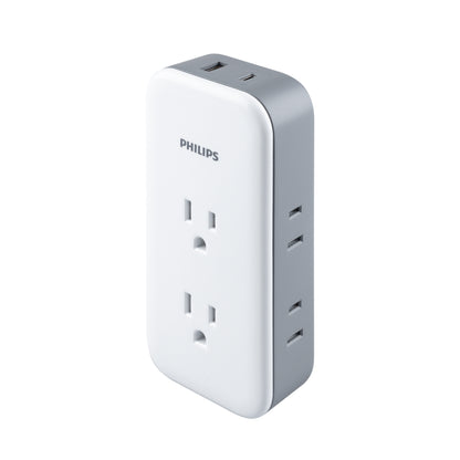 Philips All-in-One Surge Tap with USB, 2 Grounded & 4 Polarized Outlets, 1 USB-C & 1 USB-A Port, 490 Joules, White/Gray