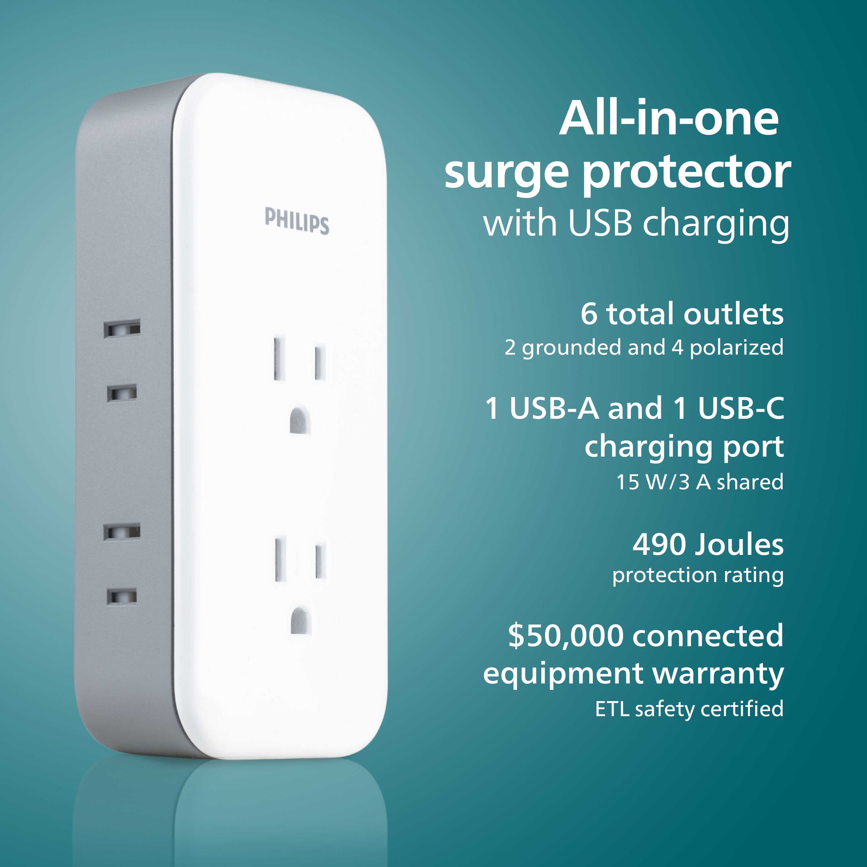 Philips All-in-One Surge Tap with USB, 2 Grounded & 4 Polarized Outlets, 1 USB-C & 1 USB-A Port, 490 Joules, White/Gray