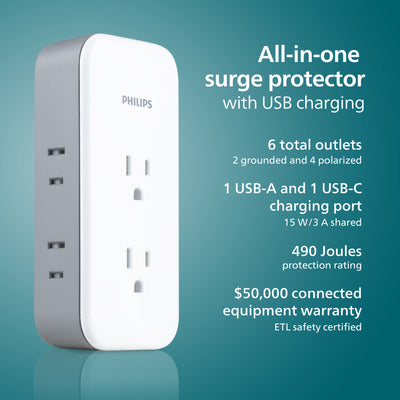 Philips All-in-One Surge Tap with USB, 2 Grounded & 4 Polarized Outlets, 1 USB-C & 1 USB-A Port, 490 Joules, White/Gray