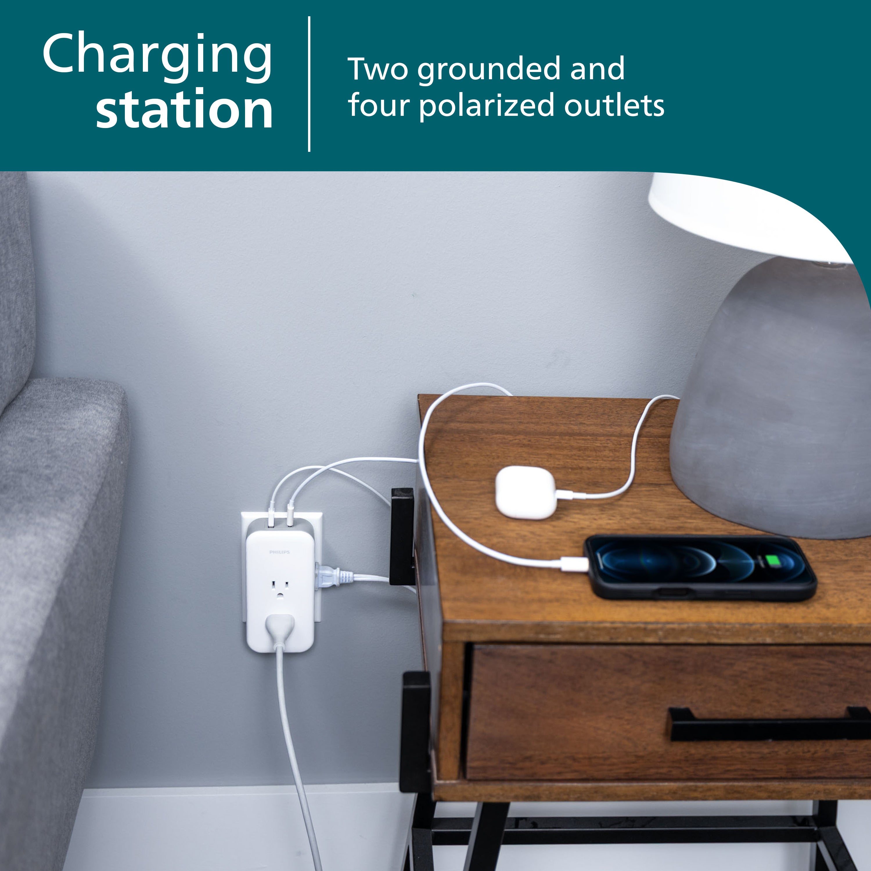 Philips All-in-One Surge Tap with USB, 2 Grounded & 4 Polarized Outlets, 1 USB-C & 1 USB-A Port, 490 Joules, White/Gray
