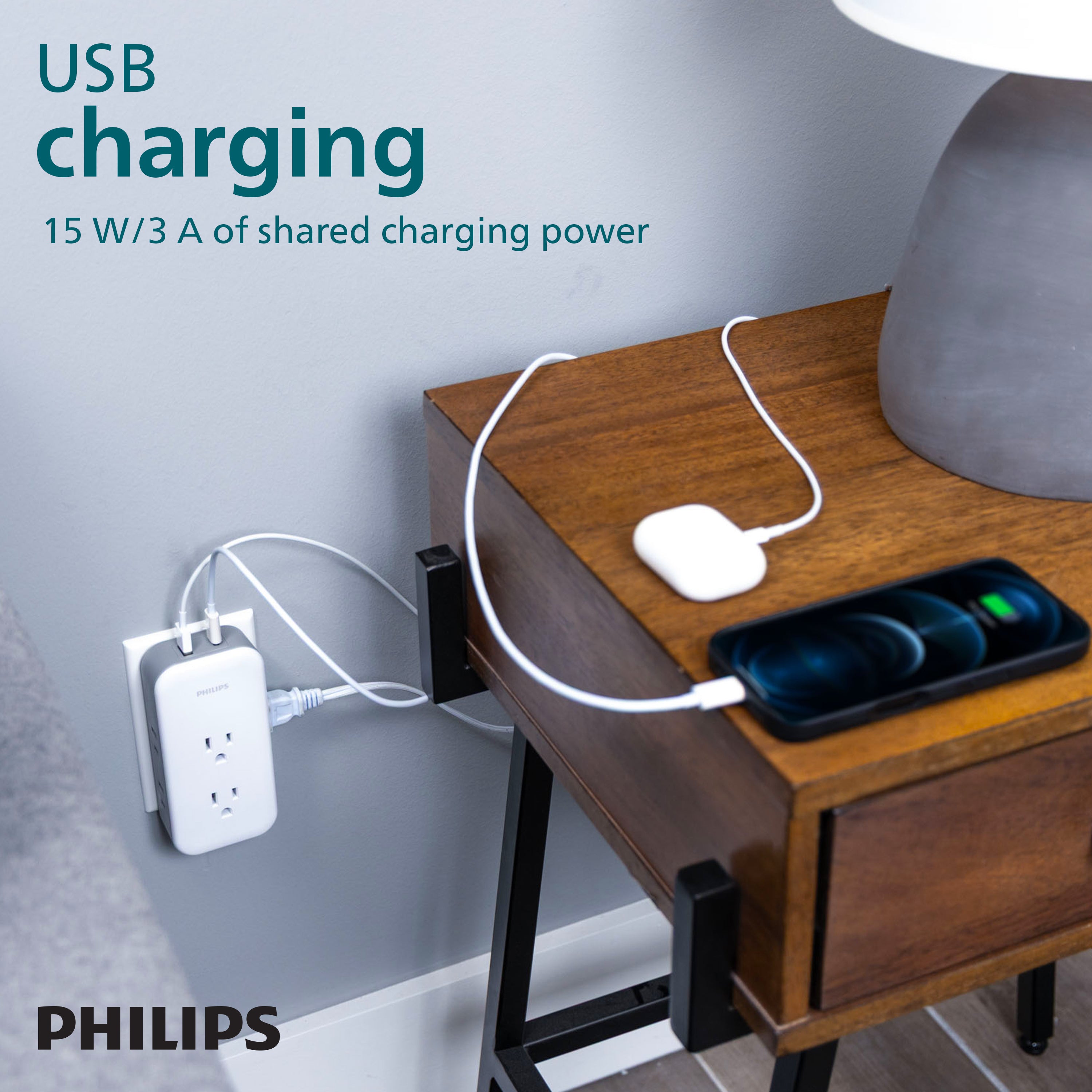 Philips All-in-One Surge Tap with USB, 2 Grounded & 4 Polarized Outlets, 1 USB-C & 1 USB-A Port, 490 Joules, White/Gray