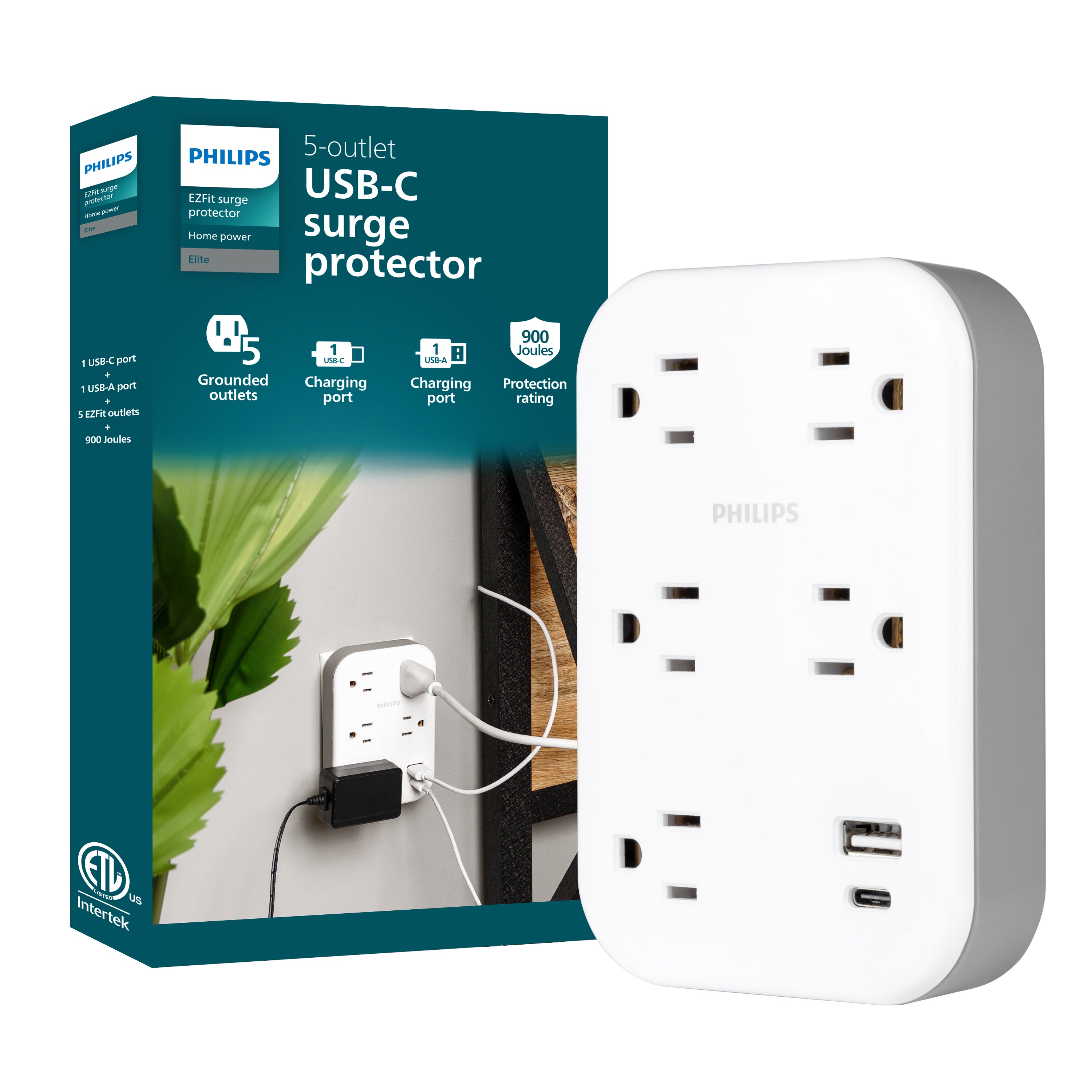 Philips EZFit 5-Outlet Extender Wall Tap with Surge Protection, Grounded Adapter, Charging Station, 3 Prong, 1 USB-A, 1 USB-C, 900J, White,