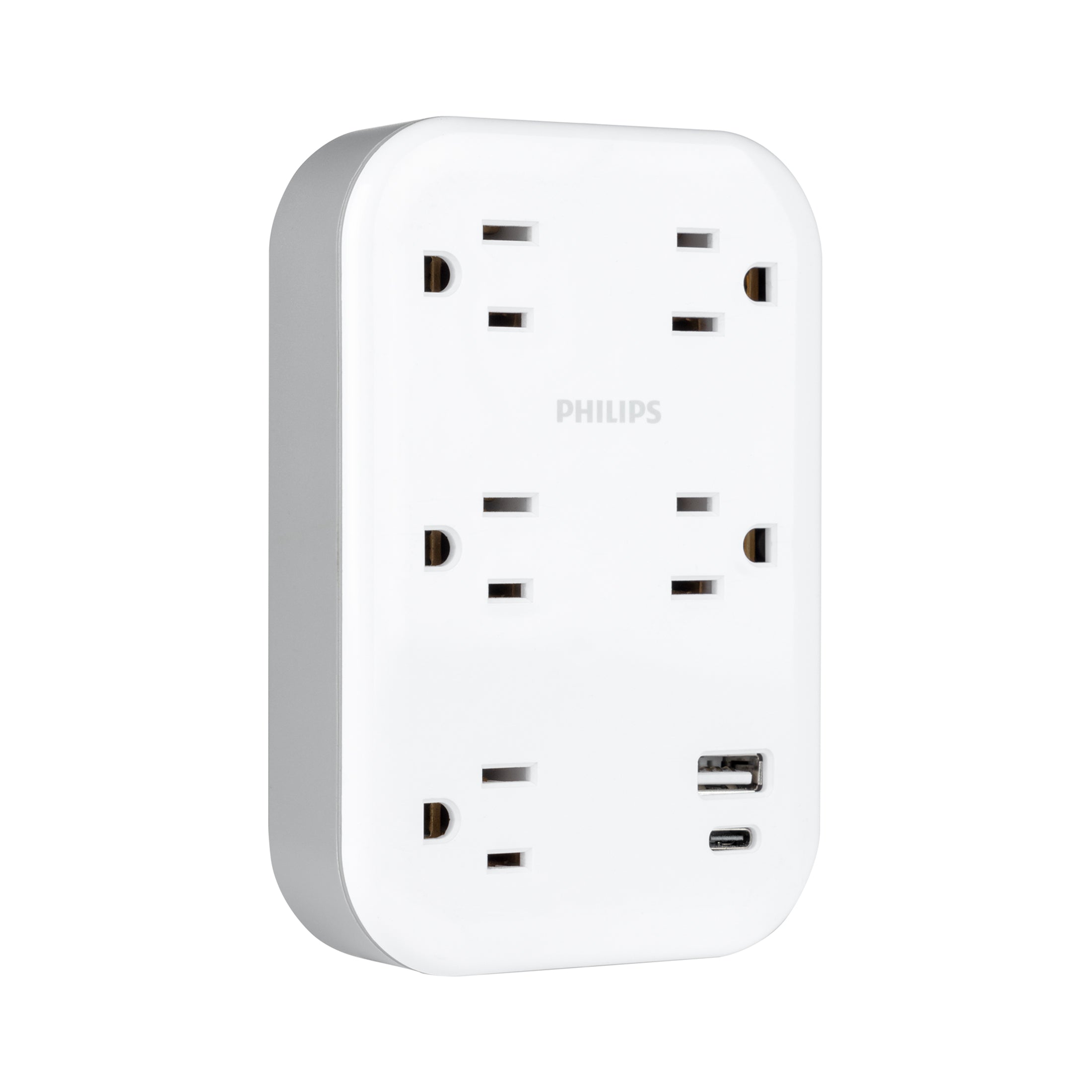 Philips EZFit 5-Outlet Extender Wall Tap with Surge Protection, Grounded Adapter, Charging Station, 3 Prong, 1 USB-A, 1 USB-C, 900J, White,