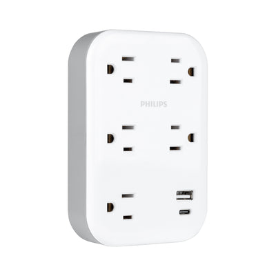 Philips EZFit 5-Outlet Extender Wall Tap with Surge Protection, Grounded Adapter, Charging Station, 3 Prong, 1 USB-A, 1 USB-C, 900J, White,