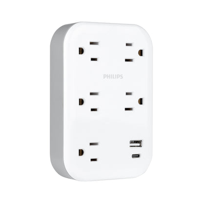 Philips EZFit 5-Outlet Extender Wall Tap with Surge Protection, Grounded Adapter, Charging Station, 3 Prong, 1 USB-A, 1 USB-C, 900J, White,