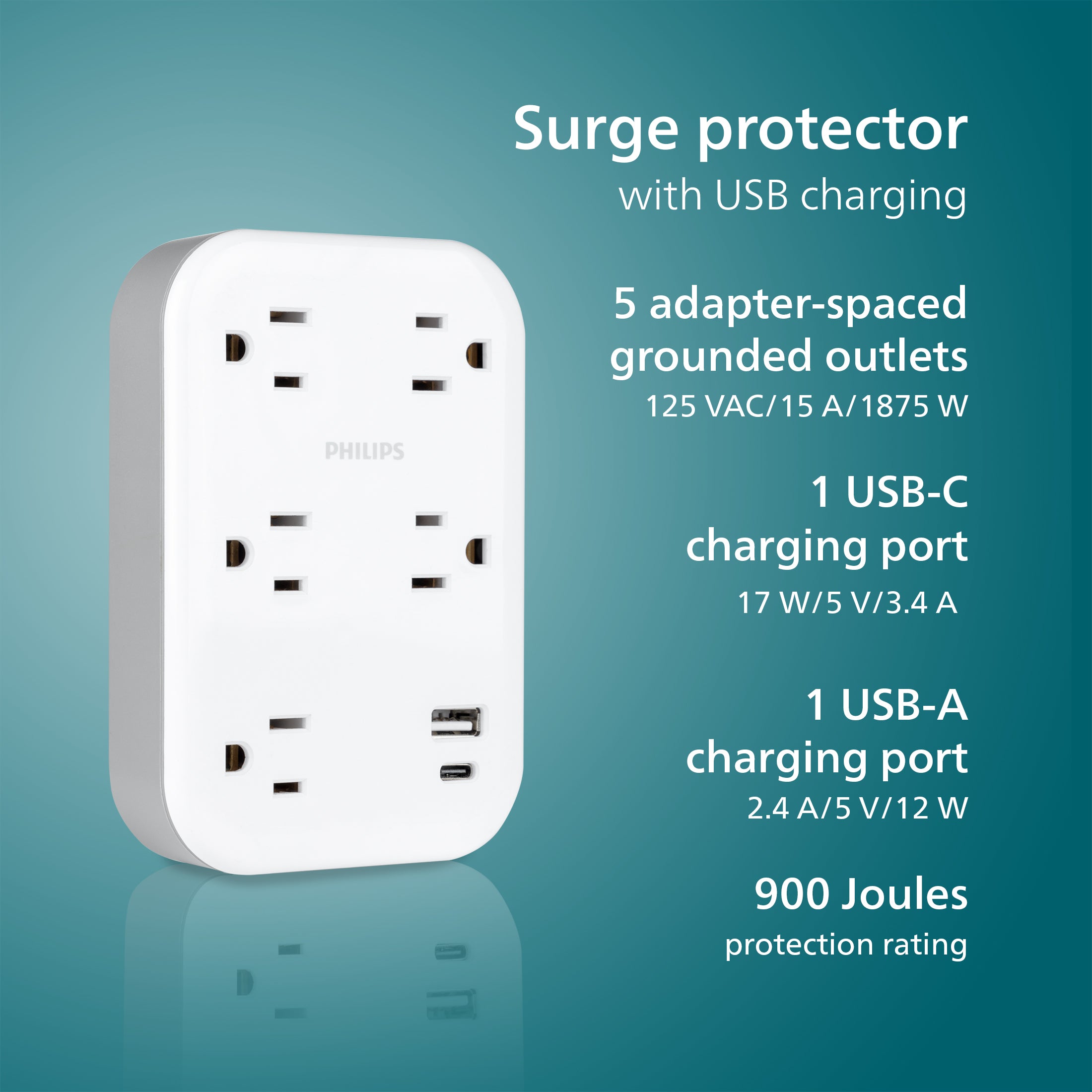 Philips EZFit 5-Outlet Extender Wall Tap with Surge Protection, Grounded Adapter, Charging Station, 3 Prong, 1 USB-A, 1 USB-C, 900J, White,