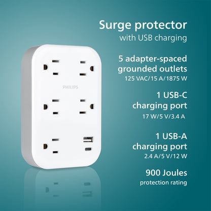 Philips EZFit 5-Outlet Extender Wall Tap with Surge Protection, Grounded Adapter, Charging Station, 3 Prong, 1 USB-A, 1 USB-C, 900J, White,