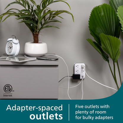 Philips EZFit 5-Outlet Extender Wall Tap with Surge Protection, Grounded Adapter, Charging Station, 3 Prong, 1 USB-A, 1 USB-C, 900J, White,