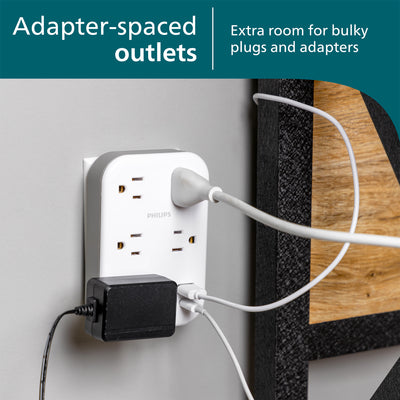 Philips EZFit 5-Outlet Extender Wall Tap with Surge Protection, Grounded Adapter, Charging Station, 3 Prong, 1 USB-A, 1 USB-C, 900J, White,
