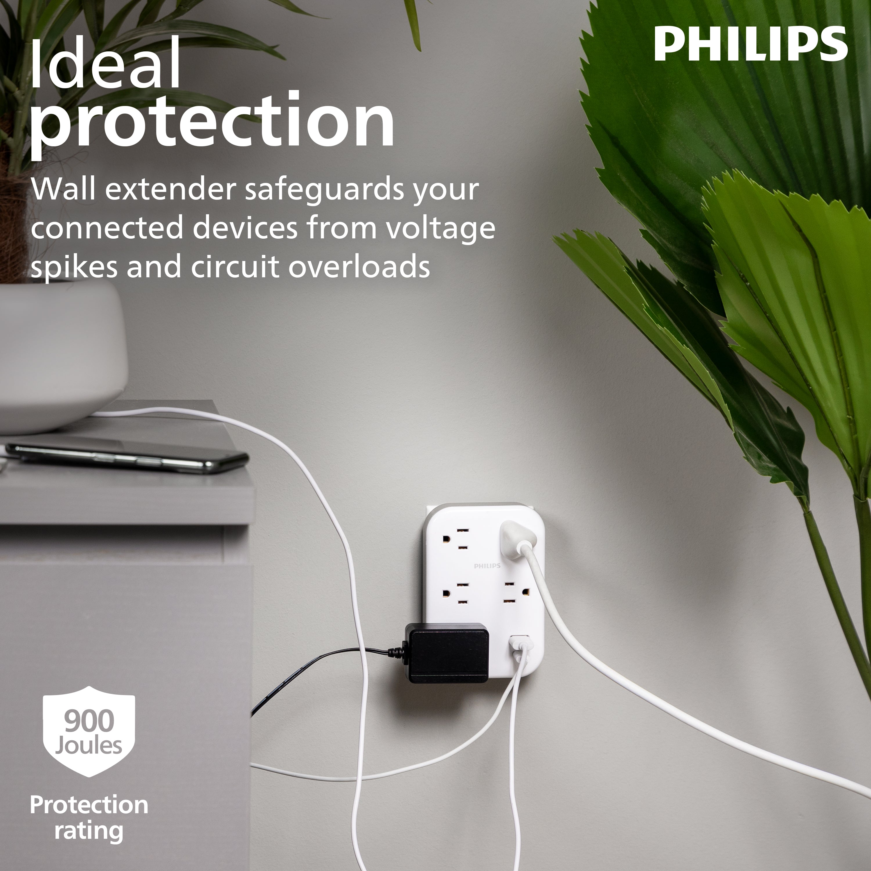 Philips EZFit 5-Outlet Extender Wall Tap with Surge Protection, Grounded Adapter, Charging Station, 3 Prong, 1 USB-A, 1 USB-C, 900J, White,