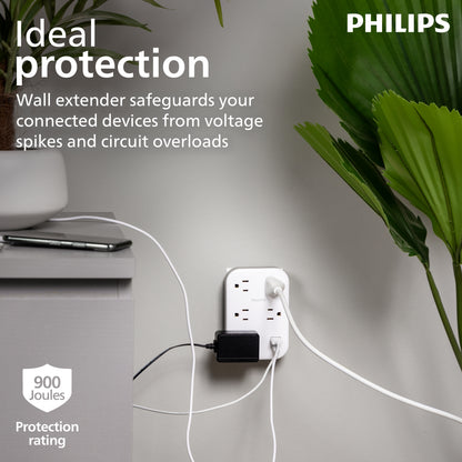 Philips EZFit 5-Outlet Extender Wall Tap with Surge Protection, Grounded Adapter, Charging Station, 3 Prong, 1 USB-A, 1 USB-C, 900J, White,