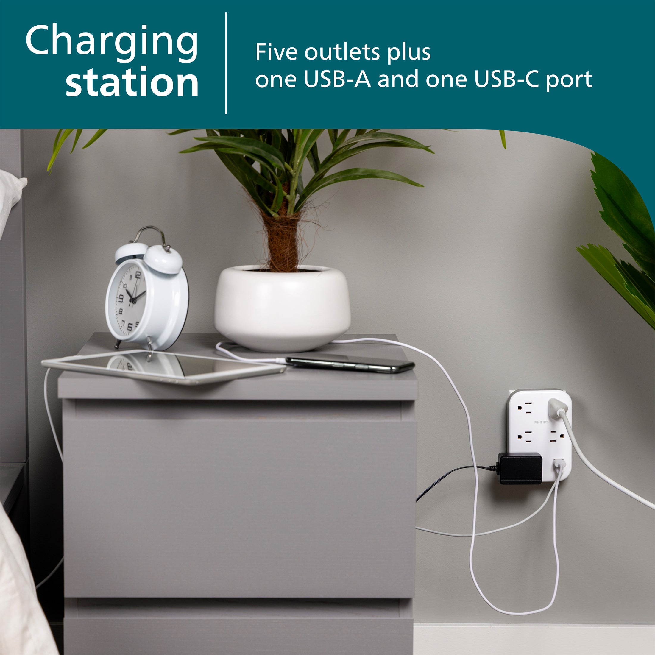 Philips EZFit 5-Outlet Extender Wall Tap with Surge Protection, Grounded Adapter, Charging Station, 3 Prong, 1 USB-A, 1 USB-C, 900J, White,