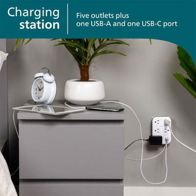 Philips EZFit 5-Outlet Extender Wall Tap with Surge Protection, Grounded Adapter, Charging Station, 3 Prong, 1 USB-A, 1 USB-C, 900J, White,