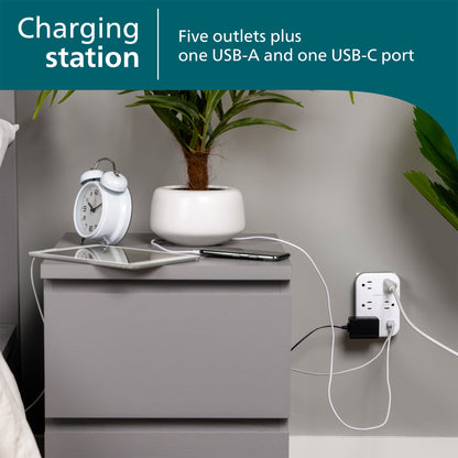 Philips EZFit 5-Outlet Extender Wall Tap with Surge Protection, Grounded Adapter, Charging Station, 3 Prong, 1 USB-A, 1 USB-C, 900J, White,