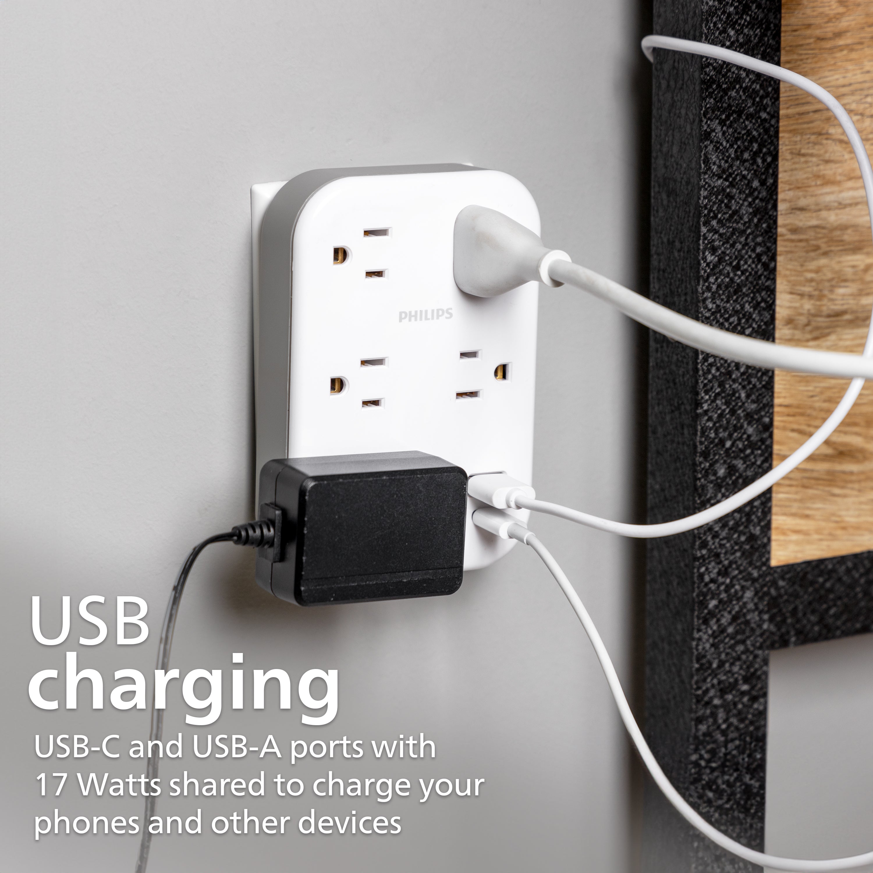Philips EZFit 5-Outlet Extender Wall Tap with Surge Protection, Grounded Adapter, Charging Station, 3 Prong, 1 USB-A, 1 USB-C, 900J, White,