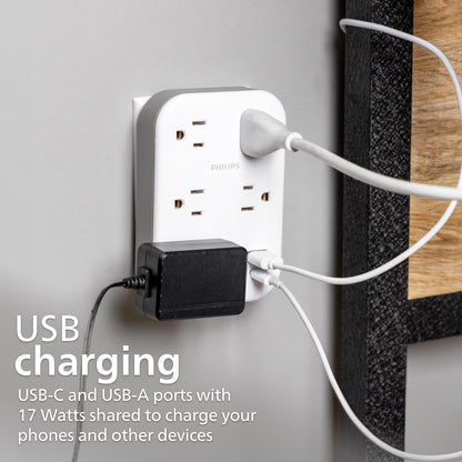 Philips EZFit 5-Outlet Extender Wall Tap with Surge Protection, Grounded Adapter, Charging Station, 3 Prong, 1 USB-A, 1 USB-C, 900J, White,