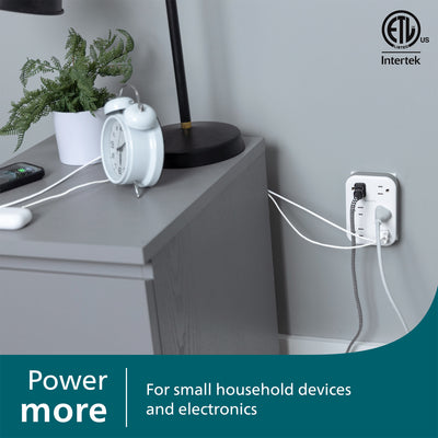 Philips EZFit 5-Outlet Extender Wall Tap with Surge Protection, Grounded Adapter, Charging Station, 3 Prong, 1 USB-A, 1 USB-C, 900J, White,