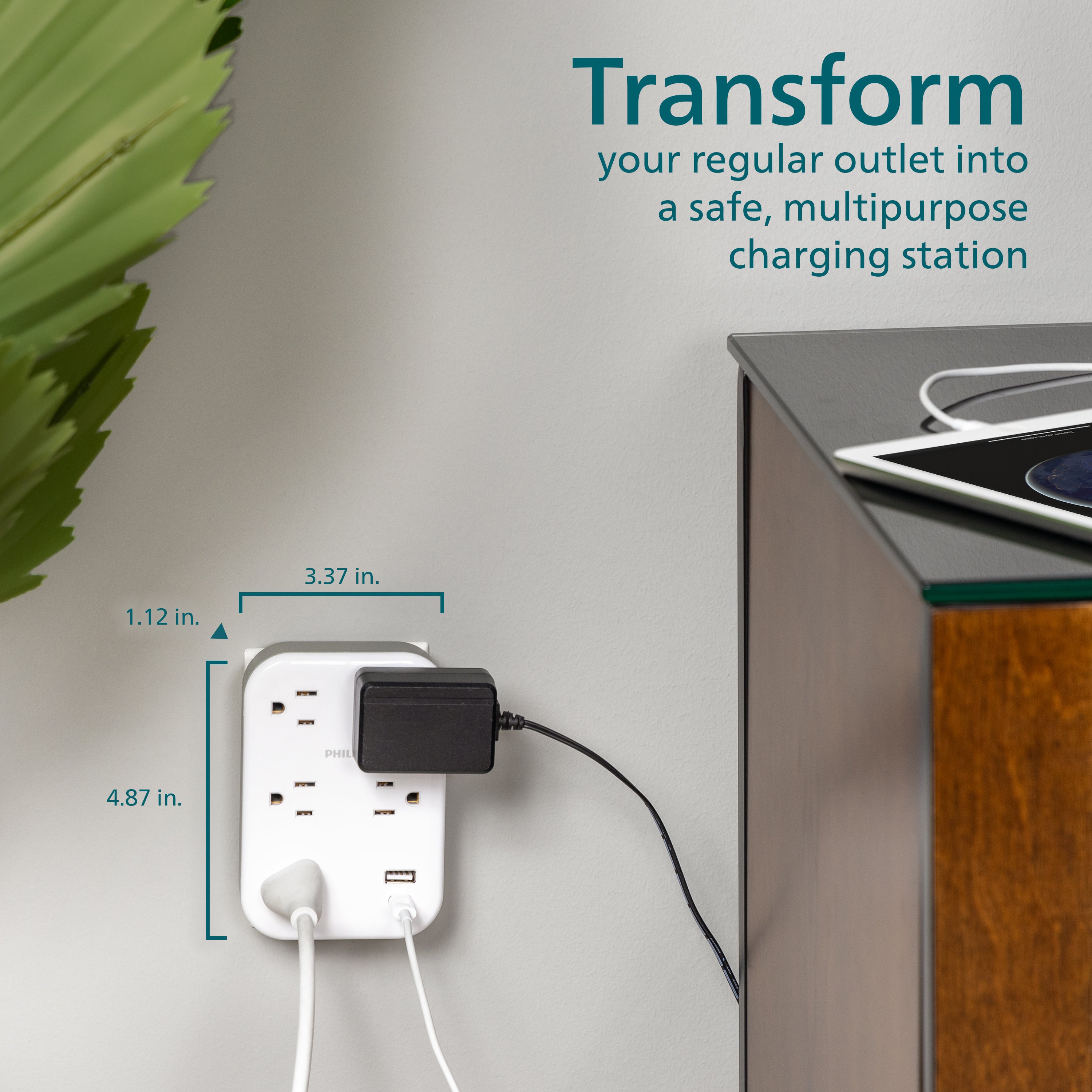 Philips EZFit 5-Outlet Extender Wall Tap with Surge Protection, Grounded Adapter, Charging Station, 3 Prong, 1 USB-A, 1 USB-C, 900J, White,